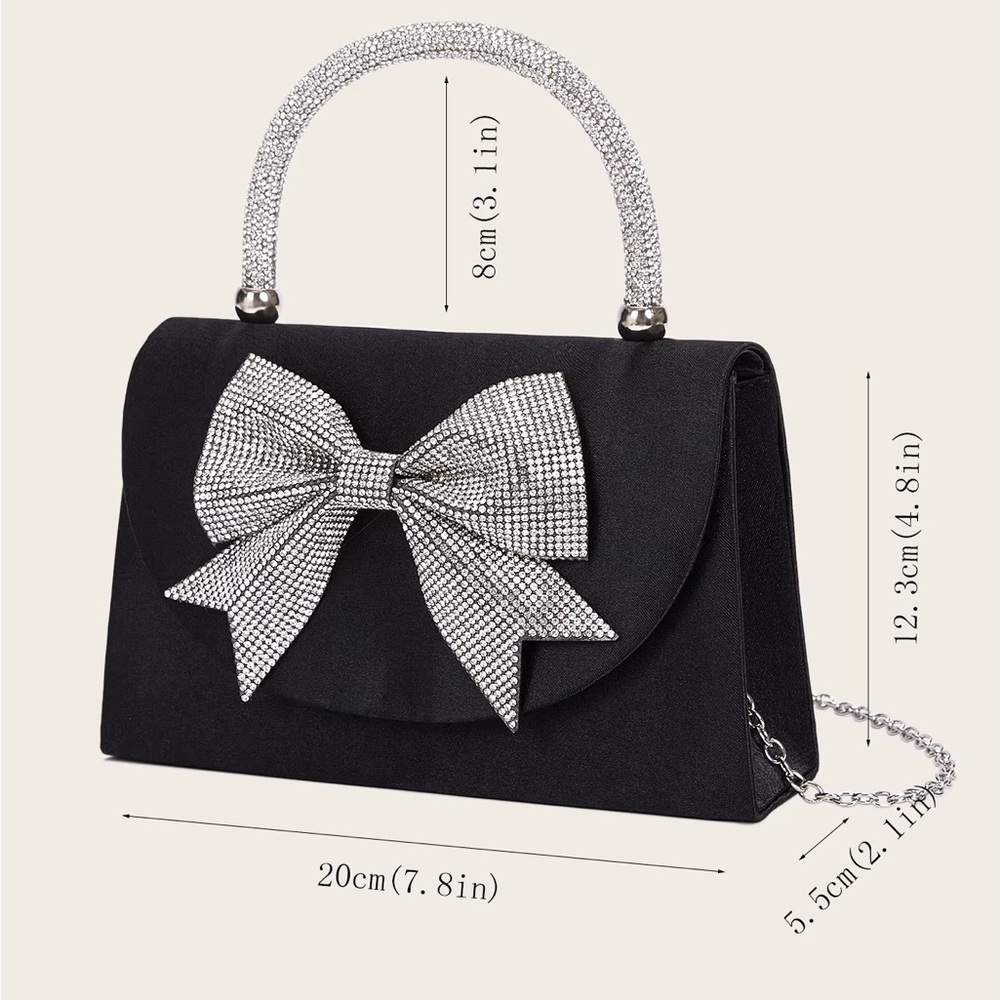 Satin Black Rhinestone Bag with Bow - Picture 2 of 6